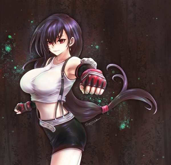 Anime picture 1100x1060 with final fantasy final fantasy vii square enix tifa lockhart senasky single long hair looking at viewer fringe breasts light erotic black hair red eyes large breasts standing bare shoulders signed light smile lips armpit (armpits)