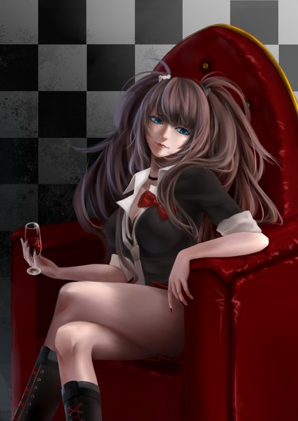 Anime picture 2480x3507 with dangan ronpa enoshima junko japanda single long hair tall image looking at viewer highres blue eyes brown hair sitting crossed legs checkered checkered background girl bow boots armchair wine glass