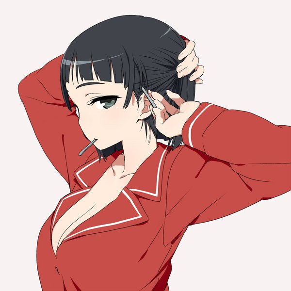 Anime picture 1000x1000 with sword art online a-1 pictures kirigaya suguha chan co single short hair breasts light erotic black hair simple background large breasts holding cleavage upper body black eyes mouth hold girl bobby pin pajamas
