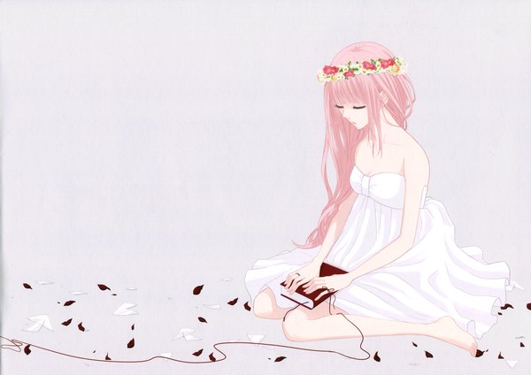 Anime picture 3457x2448 with vocaloid just be friends (vocaloid) megurine luka single long hair highres simple background sitting pink hair absurdres eyes closed girl dress petals white dress book (books) wreath thread debris red thread