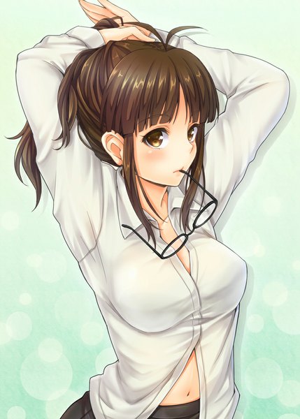 Anime picture 715x1000 with idolmaster idolmaster (classic) akizuki ritsuko k.y ko single tall image looking at viewer blush fringe short hair breasts brown hair holding brown eyes payot upper body ahoge arms up mouth hold adjusting hair
