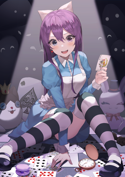 Anime picture 3035x4299 with alice in wonderland original alice (wonderland) luxiel single long hair tall image looking at viewer blush fringe highres open mouth blue eyes light erotic hair between eyes sitting purple eyes holding absurdres purple hair