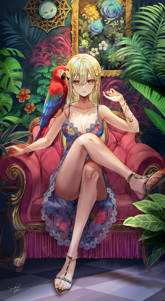 Anime picture 2200x4000 with original san mokmok05 single long hair tall image looking at viewer fringe highres breasts light erotic blonde hair hair between eyes large breasts sitting signed yellow eyes full body nail polish crossed legs floral print