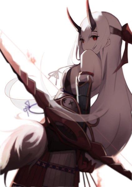 Anime picture 935x1323 with fate (series) fate/grand order tomoe gozen (fate) gyup91 single long hair tall image looking at viewer fringe breasts simple background hair between eyes red eyes standing white background bare shoulders white hair traditional clothes japanese clothes horn (horns)