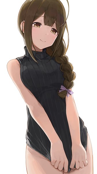 Anime picture 840x1500 with idolmaster idolmaster shiny colors kuwayama chiyuki hiroki (yyqw7151) single long hair tall image looking at viewer blush fringe breasts light erotic simple background brown hair standing white background bare shoulders brown eyes payot ahoge