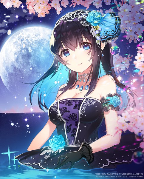 Anime picture 1000x1243 with idolmaster idolmaster cinderella girls idolmaster cinderella girls starlight stage sagisawa fumika apple caramel single long hair tall image looking at viewer blush fringe breasts blue eyes black hair smile hair between eyes bare shoulders signed payot cleavage