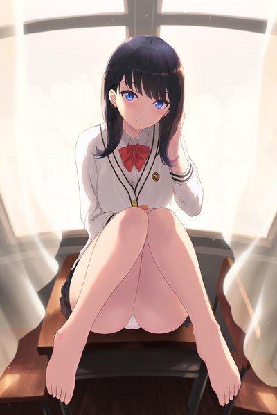 Anime picture 900x1350 with gridman universe ssss.gridman studio trigger takarada rikka cait single long hair tall image looking at viewer blush fringe breasts blue eyes light erotic black hair sitting full body indoors blunt bangs parted lips