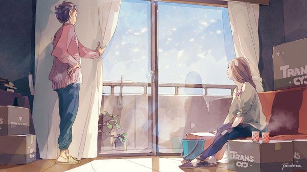 Anime picture 1280x720 with original pomodorosa long hair short hair black hair wide image sitting holding sky indoors from behind shadow hand on hip reflection steam casual girl boy plant (plants) curtains