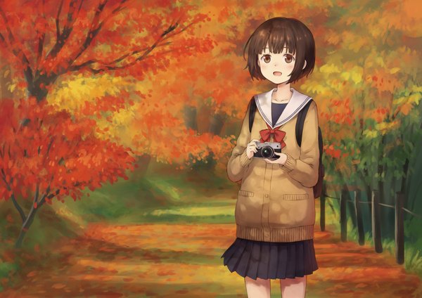 Anime picture 1600x1132 with original 104 single blush fringe short hair open mouth brown hair standing holding brown eyes looking away outdoors pleated skirt autumn girl skirt uniform plant (plants) tree (trees)