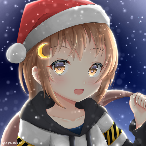 Anime picture 1800x1800 with original arudi412 single looking at viewer fringe highres short hair open mouth smile brown hair brown eyes signed payot snowing christmas crescent girl hat hood moon