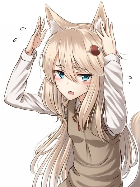 Anime picture 750x1000 with original rabochicken single long hair tall image looking at viewer blush fringe open mouth simple background blonde hair hair between eyes white background animal ears tail animal tail arm up aqua eyes fang (fangs) sweat