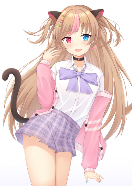 Anime picture 2508x3542 with girls frontline mk23 (girls frontline) mk23 (new term begins with a meow) (girls frontline) seventeen (st17215) single long hair tall image looking at viewer blush highres breasts open mouth blue eyes simple background smile red eyes brown hair white background animal ears tail