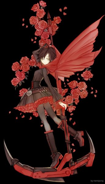 Anime picture 676x1181 with rwby rooster teeth ruby rose memipong single tall image fringe short hair simple background hair between eyes brown hair signed looking away full body grey eyes black background leg lift (legs lift) girl flower (flowers) weapon