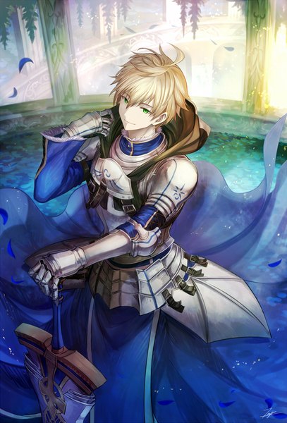 Anime picture 814x1200 with fate (series) fate/grand order fate/prototype arthur pendragon (fate) tenyo0819 single tall image short hair blonde hair green eyes from above light smile boy weapon petals sword armor