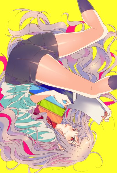 Anime picture 1181x1748 with original sinomi single long hair tall image simple background red eyes looking away multicolored hair grey hair two-tone hair streaked hair yellow background upside down falling girl socks shorts book (books) black socks