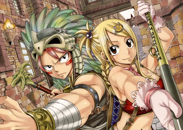Anime picture 6471x4605 with fairy tail lucy heartfilia natsu dragneel mashima hiro looking at viewer fringe highres breasts blonde hair bare shoulders holding brown eyes pink hair absurdres braid (braids) light smile single braid muscle serious back to back