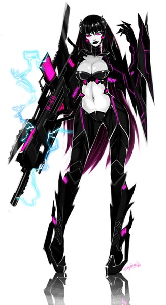Anime picture 800x1465 with original enijoi single long hair tall image highres light erotic black hair simple background standing white background cleavage purple hair multicolored hair horn (horns) lips reflection gradient hair mechanical girl
