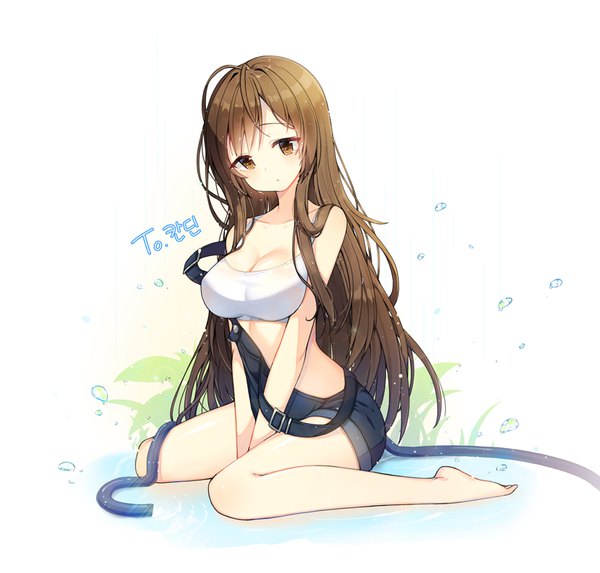 Anime picture 830x794 with original tp (kido 94) single long hair looking at viewer blush fringe light erotic simple background brown hair white background sitting brown eyes signed cleavage full body head tilt wariza strap slip between legs