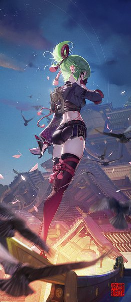 Anime picture 652x1500 with genshin impact kuki shinobu daniel deng single tall image looking at viewer fringe short hair red eyes standing holding signed sky cloud (clouds) full body outdoors ass ponytail nail polish looking back