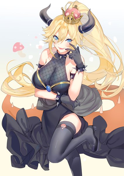 Anime picture 800x1132 with super mario bros. new super mario bros. u deluxe bowsette lloule single long hair tall image looking at viewer blush fringe breasts open mouth blue eyes light erotic simple background blonde hair smile hair between eyes large breasts standing