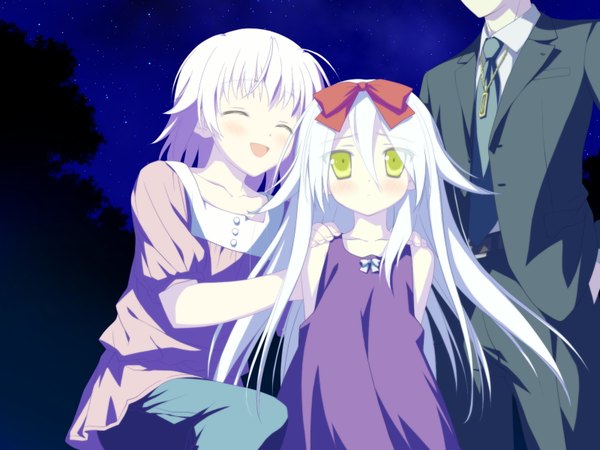 Anime picture 1600x1200 with hoshizora no memoria mare s ephemeral ototsu yume shida kazuhiro long hair looking at viewer blush short hair open mouth multiple girls green eyes game cg white hair eyes closed night loli pale skin girl dress boy