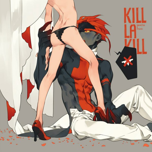 Anime picture 800x800 with kill la kill studio trigger matoi ryuuko senketsu coralstone light erotic red eyes sitting looking away red hair multicolored hair grey background two-tone hair bare legs high heels streaked hair copyright name legs character names couple