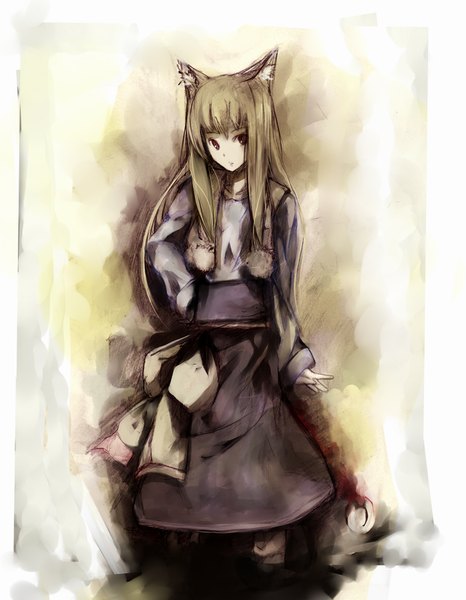 Anime picture 1400x1800 with spice and wolf horo single long hair tall image blonde hair animal ears grey eyes hand on hip framed girl skirt