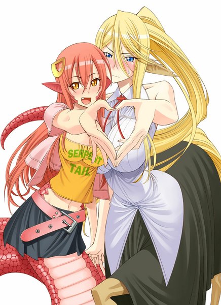 Anime picture 654x900 with monster musume no iru nichijou miia (monster musume) centorea shianus okayado (artist) long hair tall image blush breasts open mouth blue eyes light erotic simple background blonde hair smile large breasts white background yellow eyes ponytail red hair tail