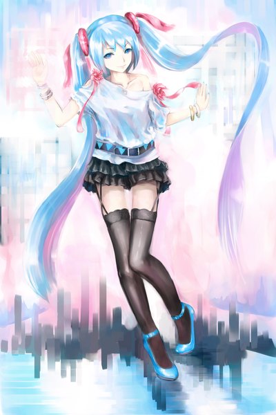 Anime picture 1200x1800 with vocaloid hatsune miku fg (pixiv) single tall image looking at viewer fringe smile twintails very long hair multicolored hair aqua eyes off shoulder two-tone hair city girl thighhighs skirt hair ornament black thighhighs