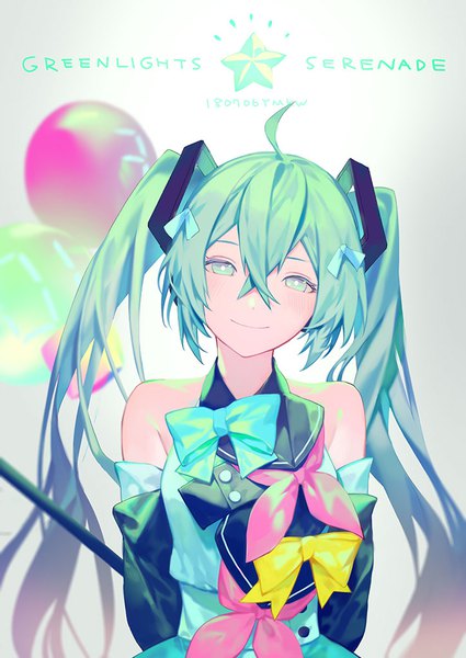 Anime picture 724x1023 with vocaloid magical mirai (vocaloid) hatsune miku magical mirai miku magical mirai miku (2018) yamakawa single long hair tall image looking at viewer fringe smile hair between eyes twintails bare shoulders green eyes upper body ahoge head tilt green hair