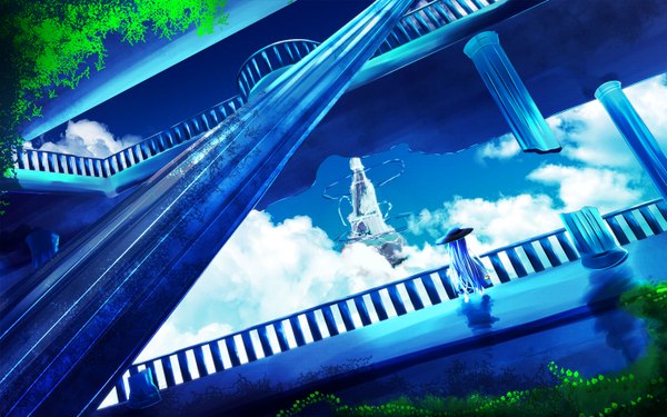 Anime picture 1500x938 with touhou hinanawi tenshi kagayan1096 single long hair blue hair sky cloud (clouds) from behind girl dress plant (plants) hat pillar column
