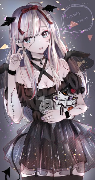 Anime picture 1088x2048 with original sakura mochiko single long hair tall image looking at viewer blush fringe breasts open mouth bare shoulders holding payot ahoge tail nail polish :d multicolored hair grey background two-tone hair