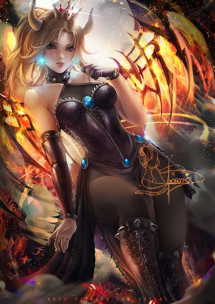 Anime picture 848x1200 with super mario bros. new super mario bros. u deluxe bowsette axsen single long hair tall image looking at viewer fringe light erotic blonde hair standing bare shoulders holding signed bent knee (knees) ponytail horn (horns) sparkle from below