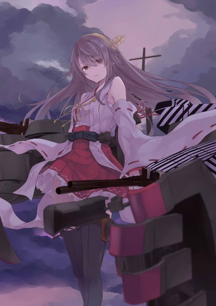 Anime picture 1000x1412 with kantai collection haruna battleship azuuru single long hair tall image looking at viewer fringe standing bare shoulders brown eyes sky cloud (clouds) long sleeves pleated skirt grey hair hair over one eye wide sleeves frilly skirt nontraditional miko