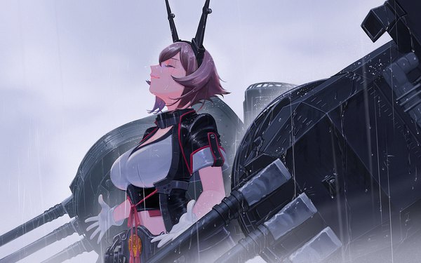Anime picture 1600x1000 with kantai collection mutsu battleship yue (tada no saboten) single fringe short hair breasts smile brown hair large breasts cleavage upper body eyes closed profile wet spread arms rain underbust fog girl