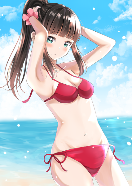 Anime picture 2200x3100 with love live! sunshine!! sunrise (studio) love live! kurosawa dia sin (sin52y) single long hair tall image looking at viewer blush fringe highres breasts light erotic black hair standing sky cleavage cloud (clouds) outdoors