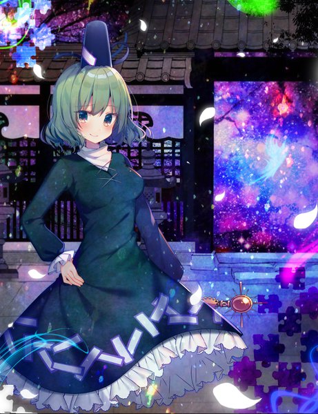 Anime-Bild 2100x2730 mit touhou soga no tojiko koto seori single tall image looking at viewer blush fringe highres short hair smile hair between eyes brown eyes green hair hand on hip tears girl dress hat petals