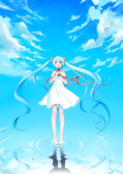 Anime picture 2149x3035 with vocaloid hatsune miku temari (deae) single tall image blush highres open mouth twintails sky cloud (clouds) very long hair barefoot hair flower aqua eyes aqua hair reflection girl hair ornament ribbon (ribbons)