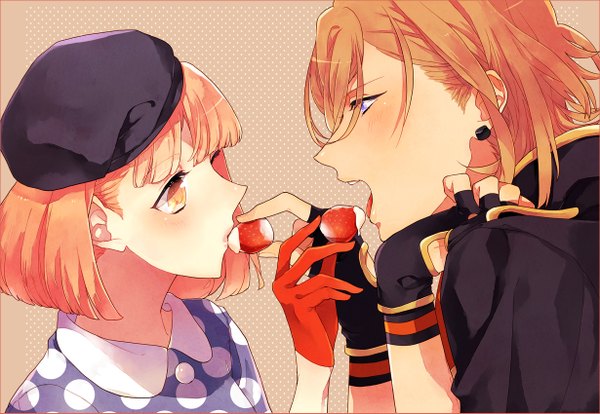 Anime picture 1230x849 with uta no prince-sama a-1 pictures jinguji ren nanami haruka (uta no prince-sama) blush short hair open mouth blue eyes yellow eyes orange hair couple piercing eating polka dot girl boy gloves earrings food fingerless gloves