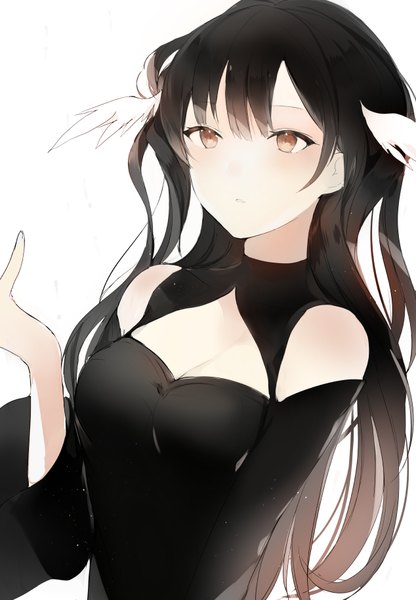 Anime picture 634x914 with original lpip single long hair tall image looking at viewer blush fringe breasts black hair simple background white background bare shoulders brown eyes looking away cleavage upper body parted lips wide sleeves head wings