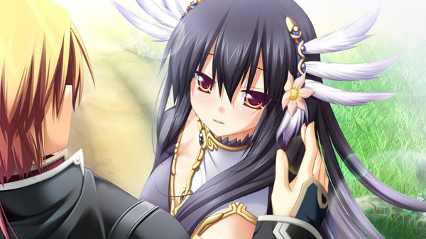 Anime picture 1024x576 with kamidori alchemy meister yuela long hair black hair red eyes wide image game cg girl