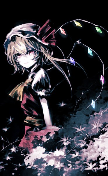 Anime picture 543x876 with touhou flandre scarlet uni (bom19850101) single long hair tall image looking at viewer fringe simple background blonde hair hair between eyes red eyes puffy sleeves black background asymmetrical hair girl plant (plants) wings bonnet crystal