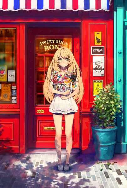 Anime picture 1200x1776 with original yohan12 single long hair tall image looking at viewer blush fringe blonde hair standing holding yellow eyes payot full body outdoors bare legs shadow short sleeves text mouth hold