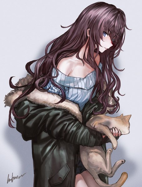 Anime picture 910x1200 with idolmaster idolmaster cinderella girls ichinose shiki infukun single long hair tall image looking at viewer fringe blue eyes simple background brown hair bare shoulders holding signed profile off shoulder grey background open jacket wavy hair