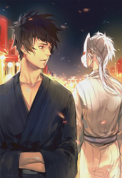 Anime picture 800x1163 with psycho-pass production i.g kougami shin'ya shougo makishima naked cat long hair tall image short hair black hair signed white hair traditional clothes japanese clothes looking back black eyes night multiple boys night sky striped hands in sleeves