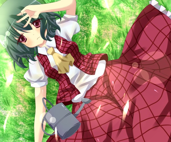 Anime picture 1300x1083 with touhou kazami yuuka stigma1101 single short hair red eyes lying green hair girl skirt plant (plants) grass skirt set watering can