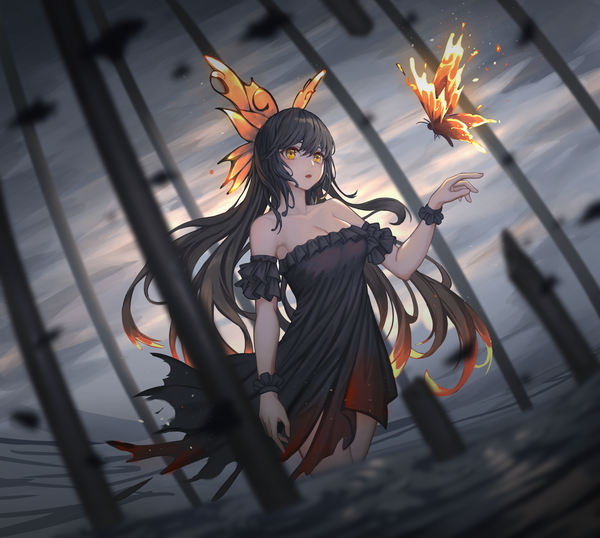 Anime picture 3900x3500 with original damon ct single long hair fringe highres open mouth black hair hair between eyes standing yellow eyes looking away absurdres outdoors blurry partially submerged gradient hair girl dress hair ornament