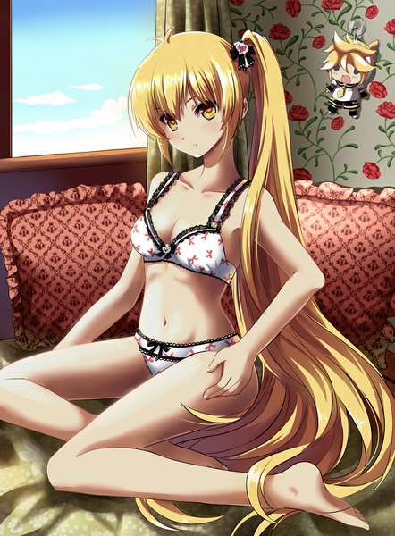 Anime picture 737x1000 with vocaloid kagamine len akita neru moyu single tall image looking at viewer breasts light erotic sitting twintails yellow eyes very long hair barefoot bare legs alternate costume legs underwear only girl navel