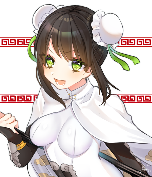 Anime picture 1500x1751 with fate (series) fate/grand order qin liangyu (fate) etto eat single tall image looking at viewer blush fringe short hair breasts open mouth black hair simple background white background holding signed payot upper body :d