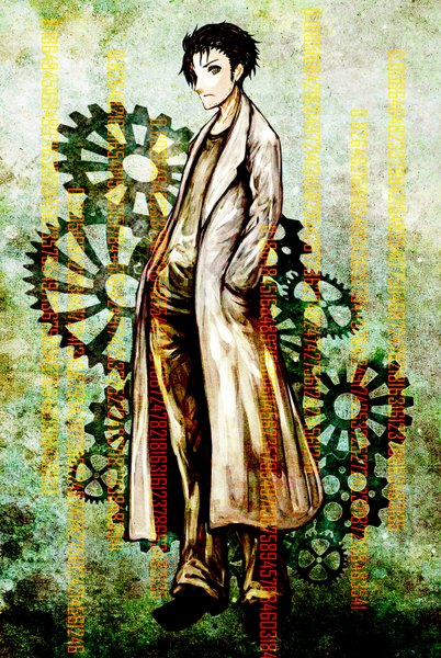 Аниме картинка 1000x1492 с врата штейна white fox okabe rintarou akasia один (одна) высокое изображение короткие волосы чёрные волосы карие глаза руки в карманах мужчина лабораторный халат